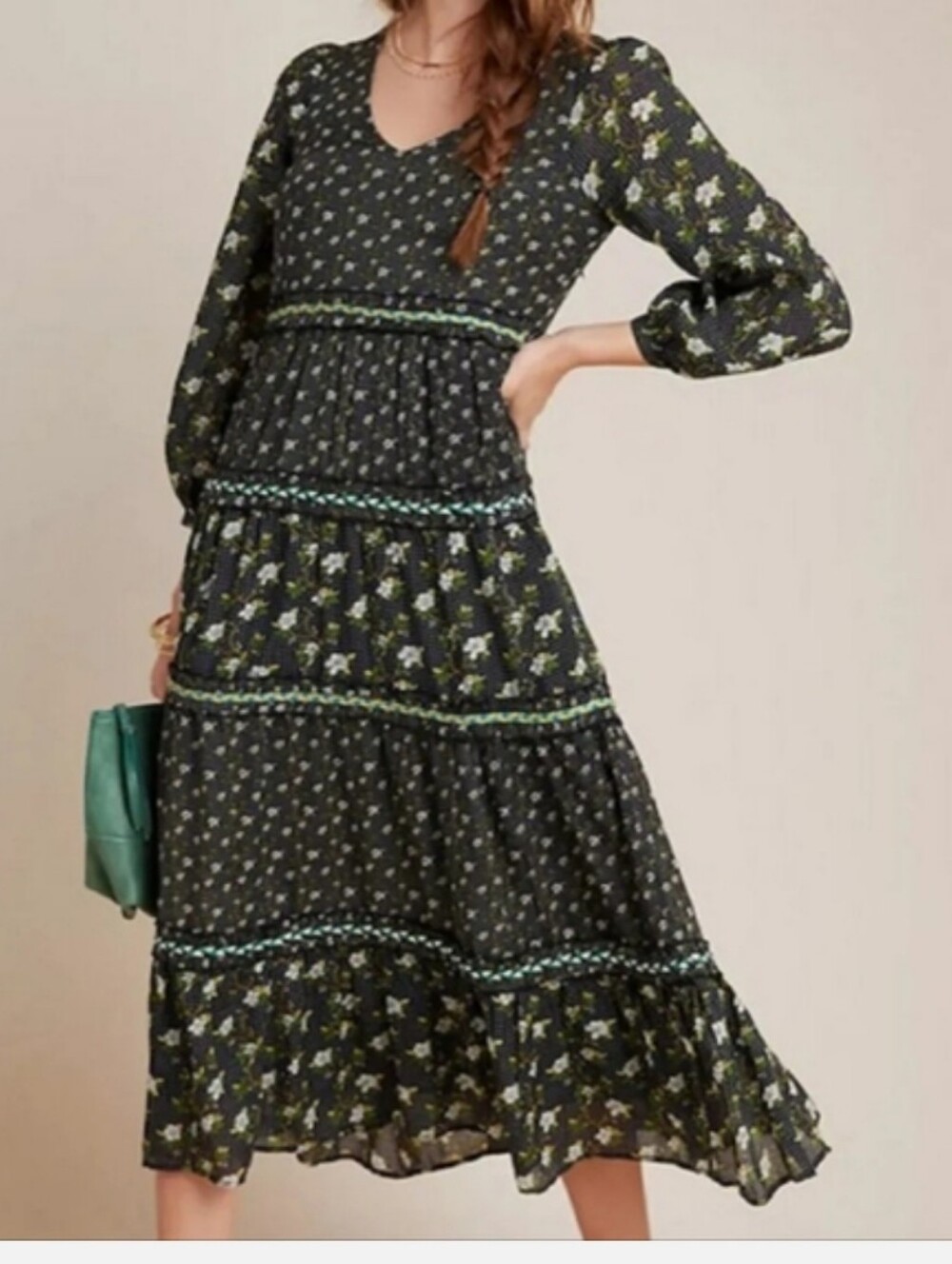 Anthropolgie Karoline Black Floral Tiered Midi Dress - Women's
